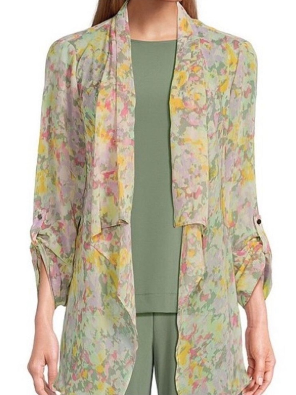 NWT $59 Investments Blurred Floral Print Open Drape Front Roll-Tab Sleev…